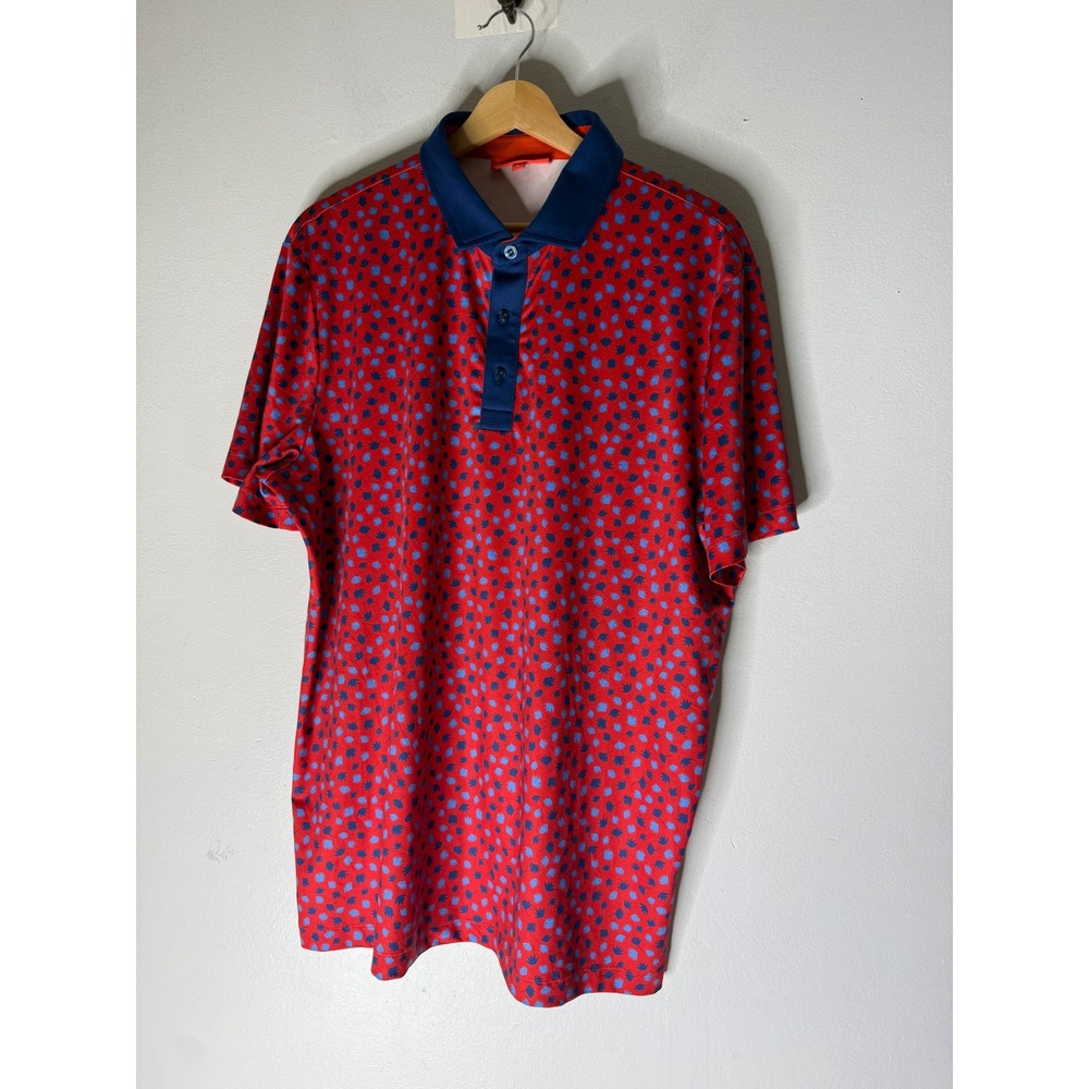 Redvanly Mens Large Red Blue Leaf Print Golf Polo Shirt Short Sleeve Performance